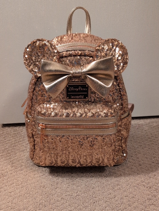 Loungefly Handbags - Loungefly Disney Parks Rose Gold Sequin Minnie Mouse Mini Backpack and Ears